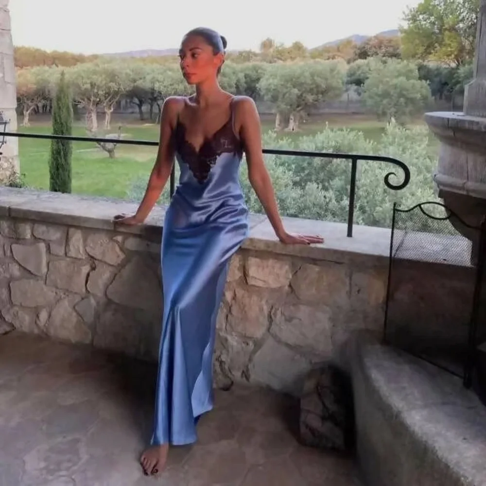 SIR the label Blue Satin Slip Dress with Brown Lace Trim - Picture 3 of 12